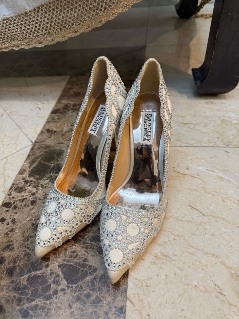 Badgley Mischka Ivory Crystal-Embellished Pointed Toe Heels